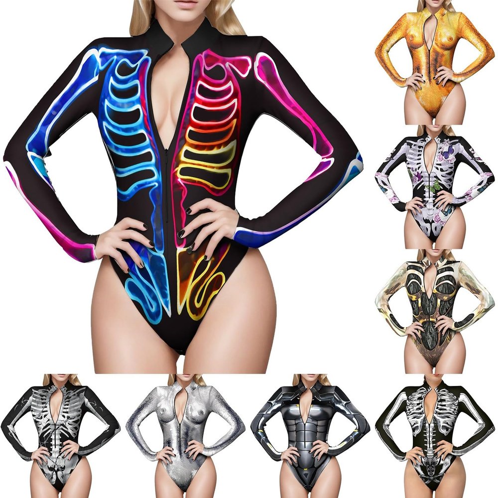 Women's Halloween Skeleton Skull Jumpsuit Costume