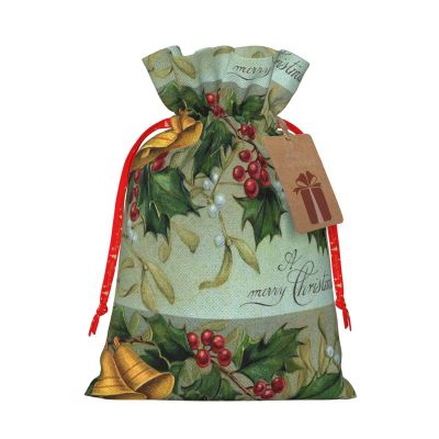 Happy New Year Christmas Tree Bell Printed Jute Drawstring Gift Bag
