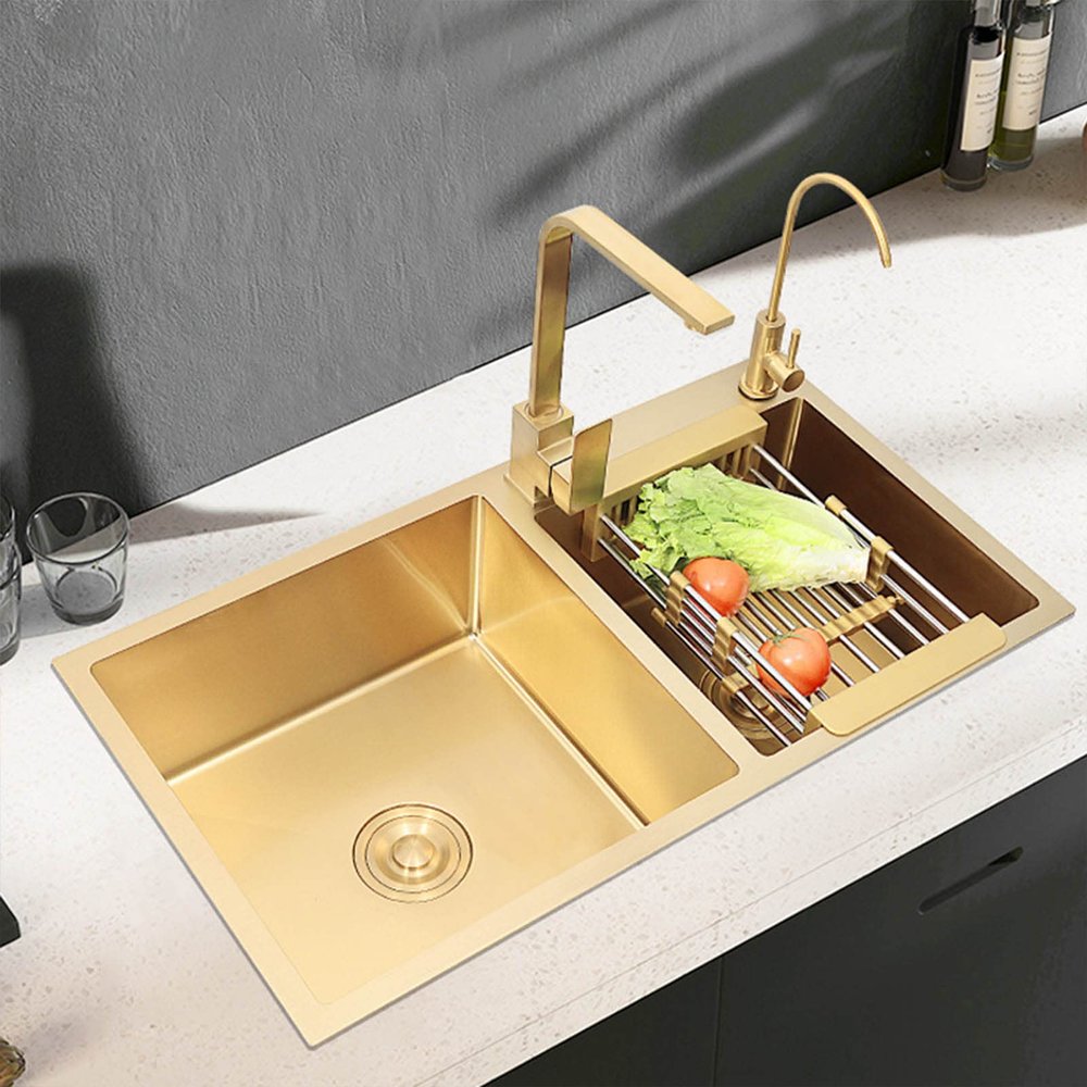 PhIree Nano Gold Double Kitchen Sink, Stainless Steel, Brushed Finish, with Soap Dispenser and Square Faucet, 82 x 45 x 22 cm