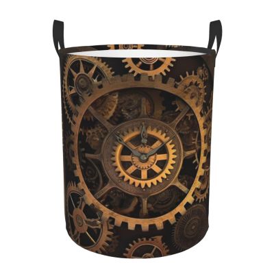 Large Freestanding Laundry Hamper, Bronze Gear Clock Century Print