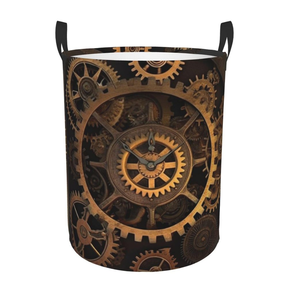 Large Freestanding Laundry Hamper, Bronze Gear Clock Century Print