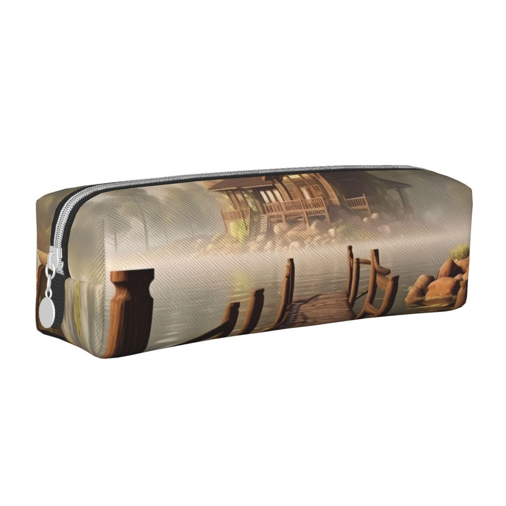 TOMPPY London Printed Pencil Case, Leather Pencil Case, Portable Stationery Organizer, Pencil Holder, Makeup Bag with Zipper, Lake House, One Size