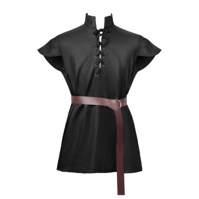 Men's Medieval Ailrik Tunic with Trim, Short Sleeve Viking Shirt, Black, L