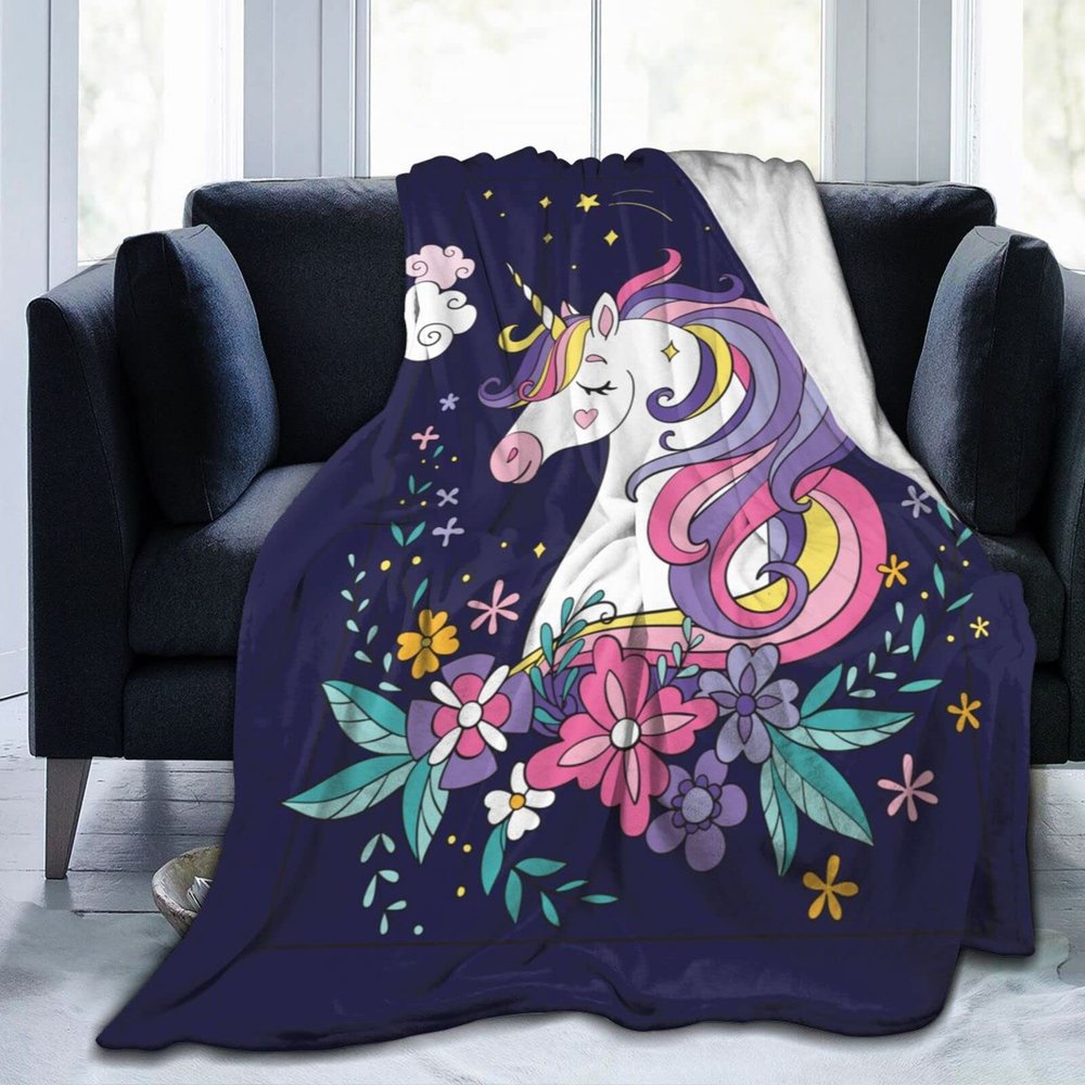Cartoon Unicorn Fleece Throw Blanket, Soft Warm Blanket for Winter Bedding, Couch and Plush Housewarming Decor, Gift Idea, 203.2 x 152.4 cm