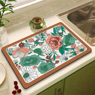 Morbuy Vintage Floral Dish Drying Mat, Green Petals, 30 x 50 cm