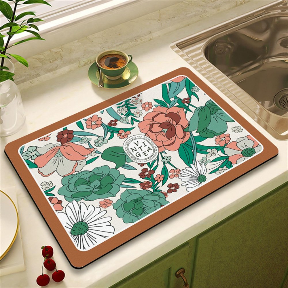 Morbuy Vintage Floral Dish Drying Mat, Green Petals, 30 x 50 cm