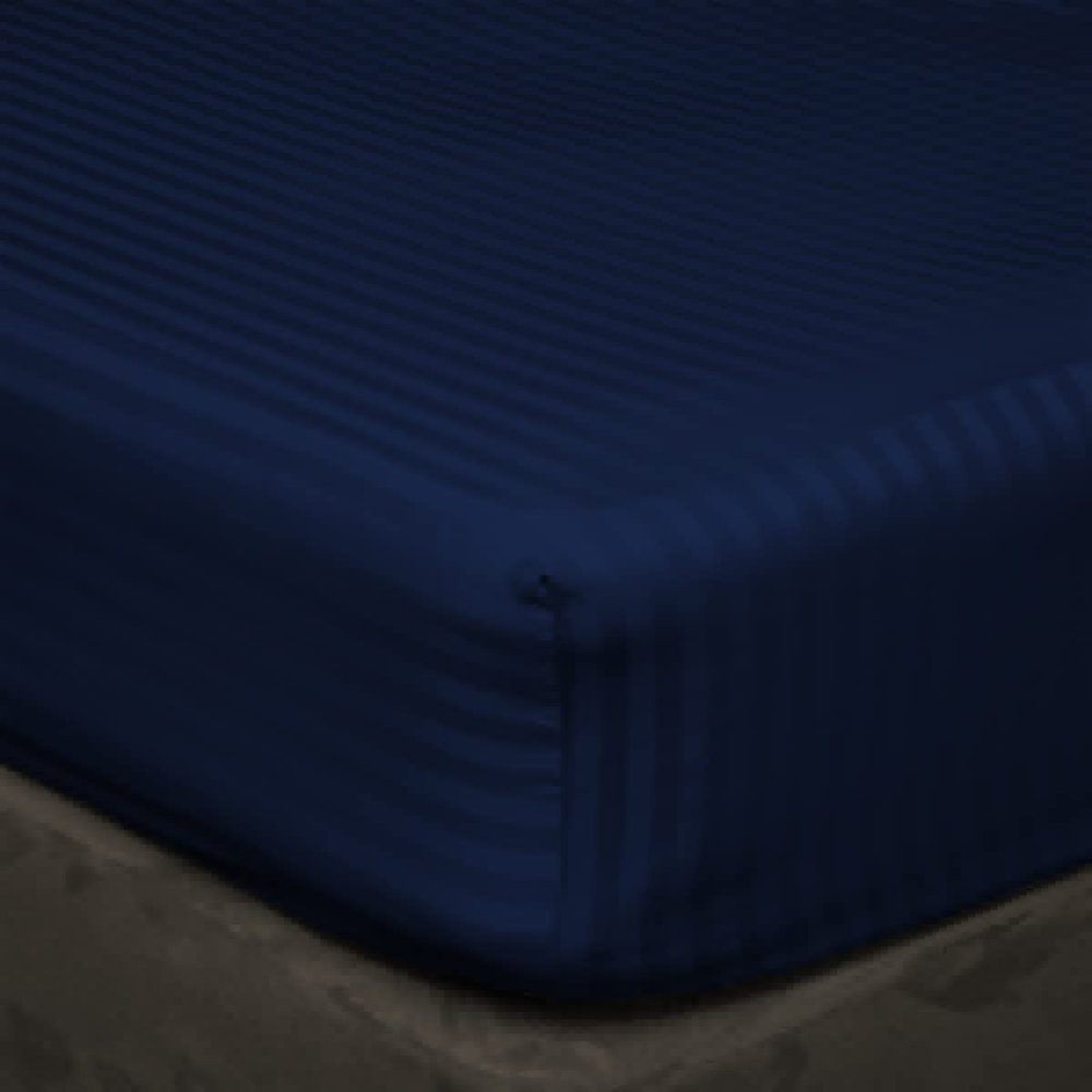 Fitted Sheet Only, 40 cm Deep Pocket, 100% Egyptian Cotton, Hotel-Luxury Bedding, 400 Thread Count, Extra-Soft and Cool, Navy Blue Striped, Double Bed