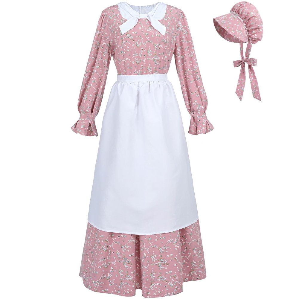 CR ROLECOS Women's Pioneer Prairie Dress, Colonial Bonnet and Apron Set, Pink Floral, XXL