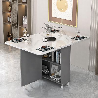 Folding Dining Table with 6 Wheels, Drop-Leaf Table with Storage Shelves, Color C, 120 cm