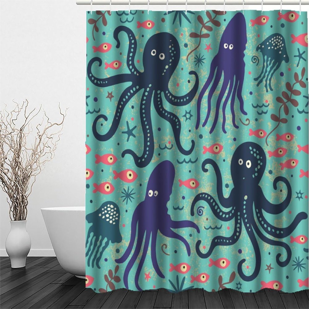 MUNOOR 3D Octopus Shower Curtain, 180 x 180 cm, with 12 Rings