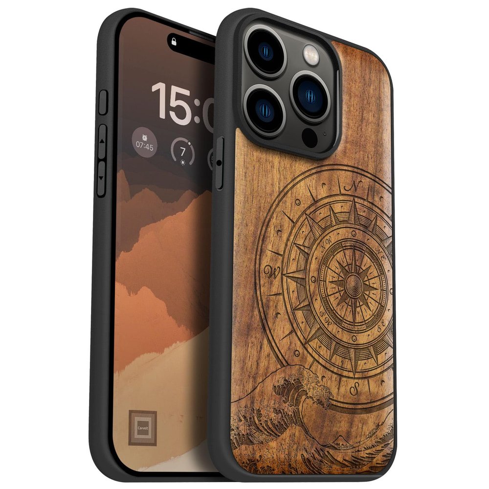 Carveit Solid Wood Case for iPhone 15 Pro with MagSafe Compatibility, Soft TPU Shock-Resistant Bumper, Walnut – The Compass before Kanagawa Waves