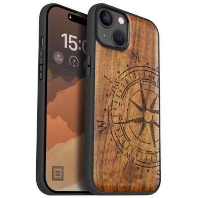 Carveit Wooden Case for iPhone 15 Plus, Walnut Vintage Compass