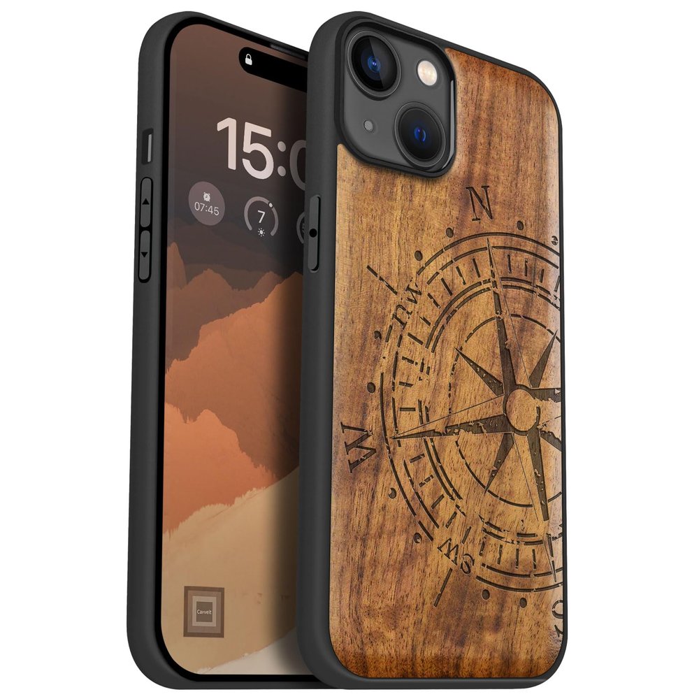 Carveit Wooden Case for iPhone 15 Plus, Walnut Vintage Compass