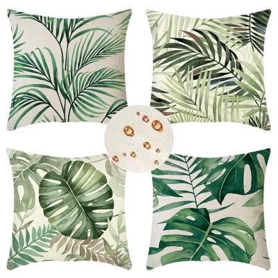Outdoor Waterproof Pillow Covers, 35 x 35 cm, Set of 4, Green Leaf Pattern