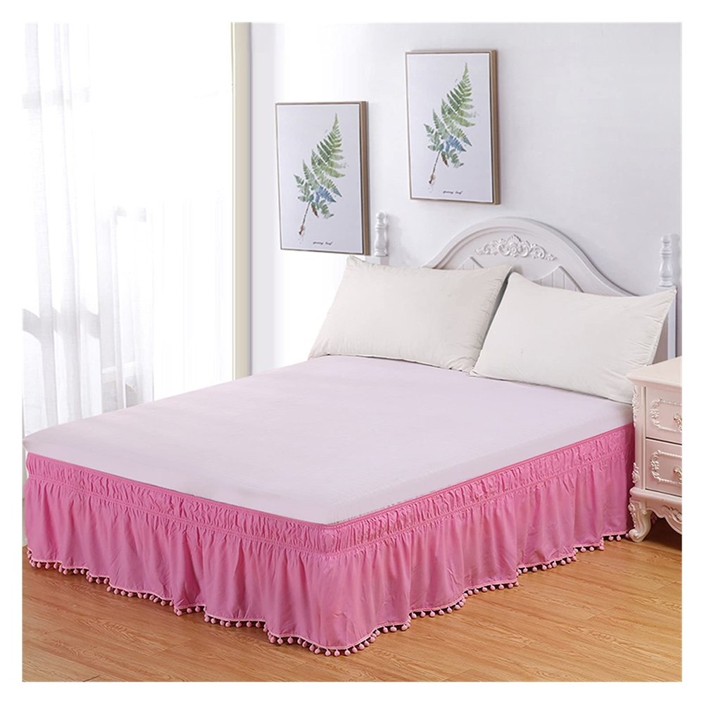 Solid Bed Skirt with Tassels, Elastic, No Top Surface, Hotel Style (Pink, King, 198 x 203 x 40 cm)