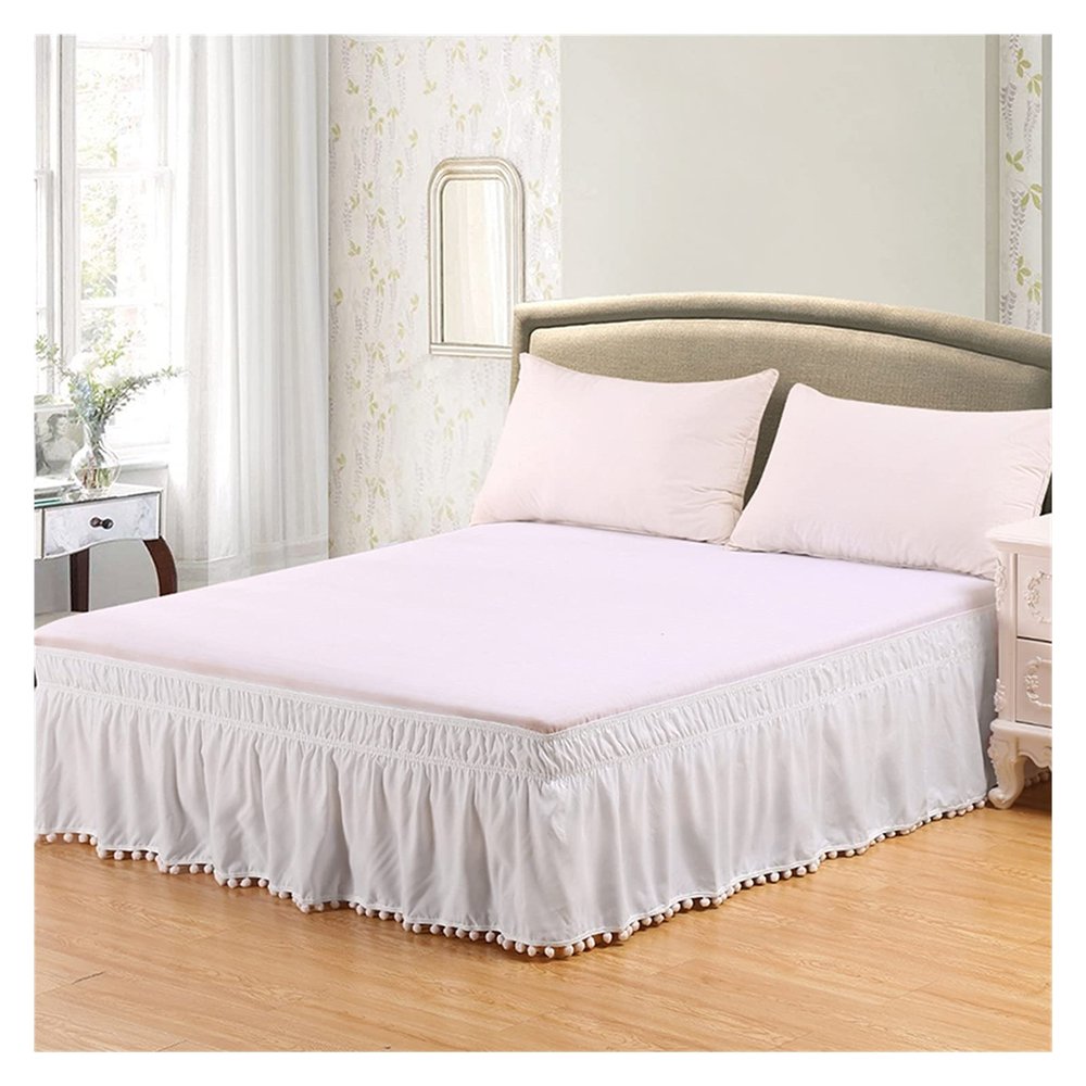 Elastic Bed Skirt with Tassels, White, King 198 x 203 x 40 cm