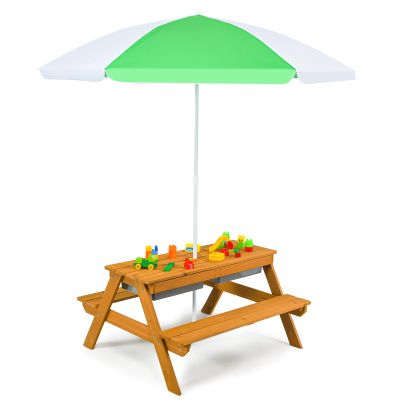 COSTWAY 3-in-1 Kids' Picnic Table with Umbrella and Benches, Wooden Outdoor Table Set with Removable Tabletop & 2 Play Boxes, White & Green