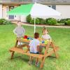 COSTWAY 3-in-1 Kids' Picnic Table with Umbrella and Benches, Wooden Outdoor Table Set with Removable Tabletop & 2 Play Boxes, White & Green view 2