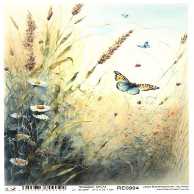 Josy's Bastelmärchen A4 Rice Paper – Straw Silk, Grass, Meadow, Spring Flowers & Butterflies RE0994