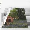 DEHIWI Longhorn Steer and Bluebonnets Flannel Fleece Blanket, 203.4 x 152.4 cm view 1