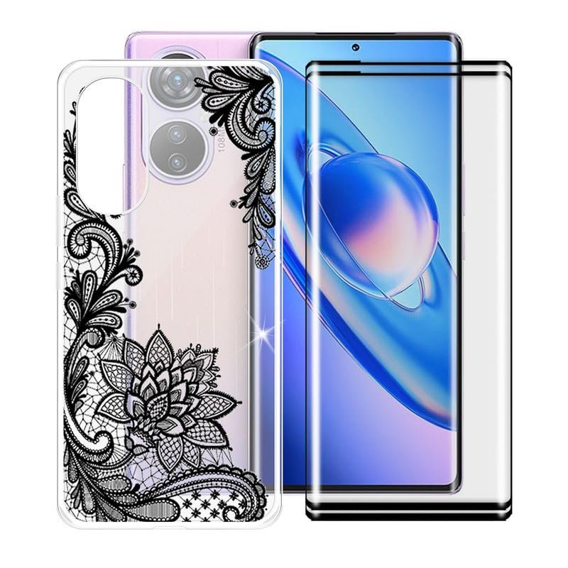 AQGG Case + 2 Screen Protectors for Blackview A200 Pro (6.67"), Clear TPU, Black Rose