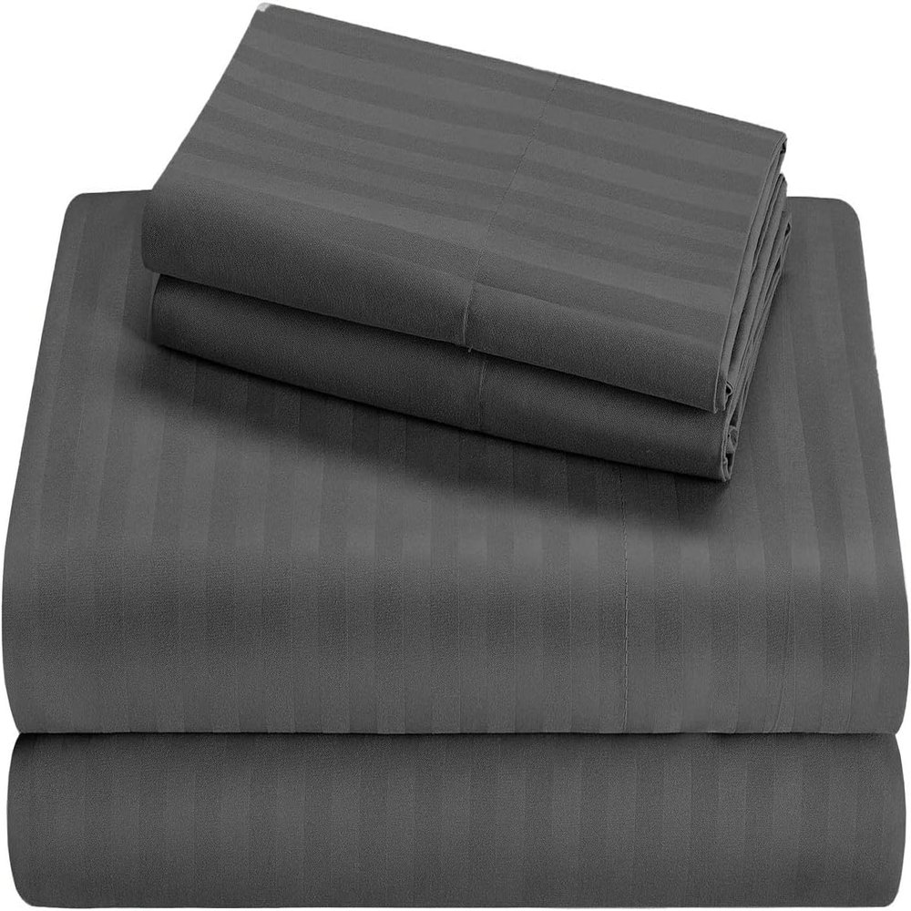 HUNTER BEDDING 4-Piece Sheet Set, Extra Soft, 15-Inch Deep Pockets, 400 Thread Count, 100% Egyptian Cotton, Dark Gray Stripe