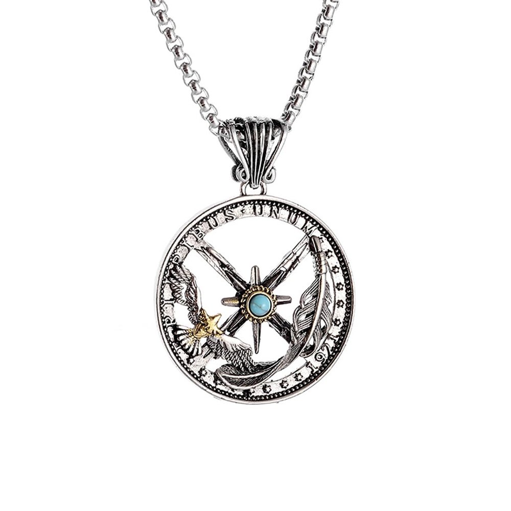 YAHOYA Eagle Feather Compass Green Stone Pendant Retro Necklace for Men