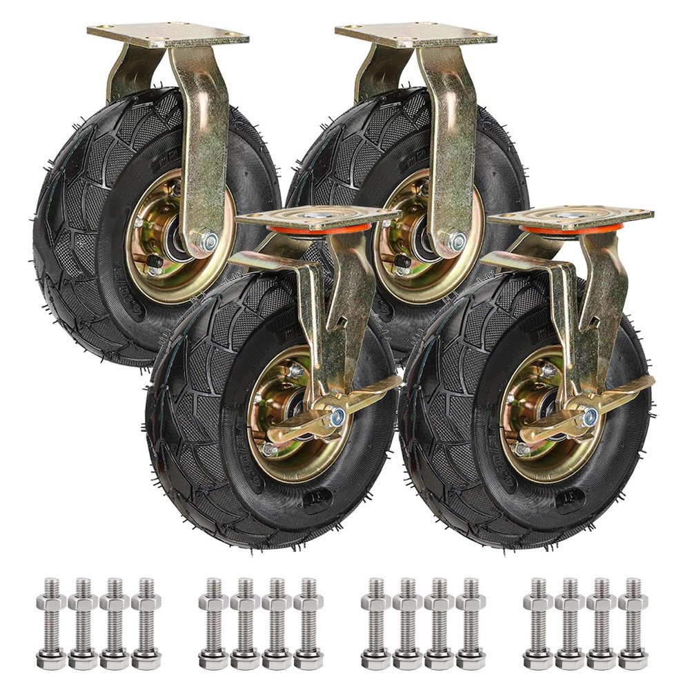 200/250 mm Heavy-Duty Casters, 4-Piece Set, Swivel Casters with Brakes, Pneumatic Rubber Wheels, 600/750 kg Capacity
