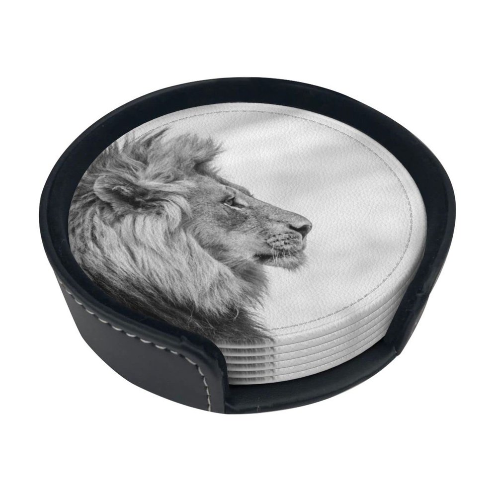 Set of 6 Wildlife Lion PU Leather Coasters with Holder