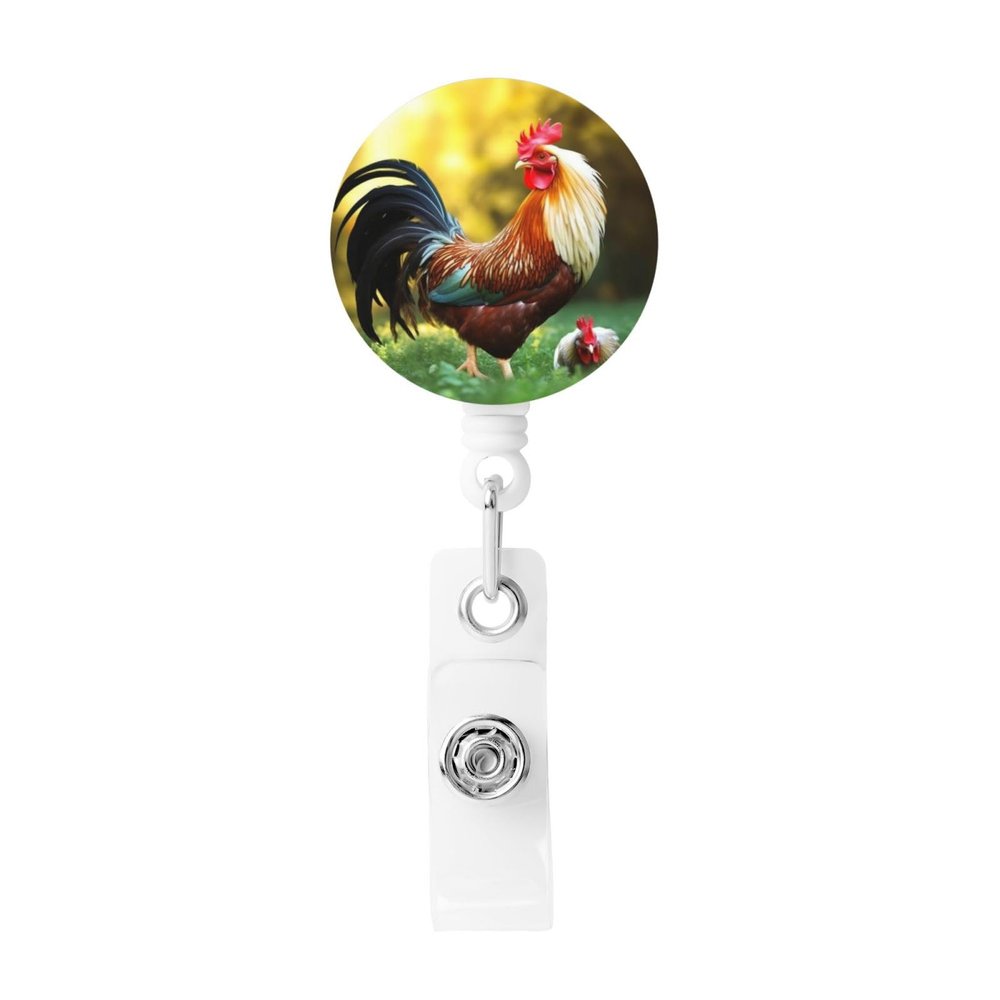 Cute Rooster Hen Retractable Nurse Badge Reel with Keychain and Alligator Clip