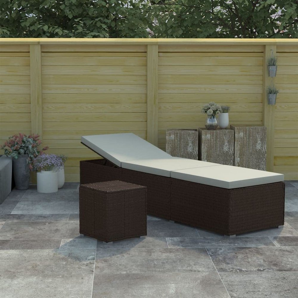 FIRBNUS Brown Poly Rattan Sun Lounger with Cushion and Side Table