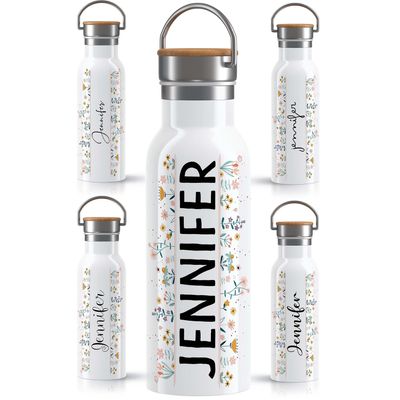 OWLBOOK Personalized Stainless Steel Water Bottle, 600 ml, Leakproof, Dishwasher-Safe, Floral Meadow 1