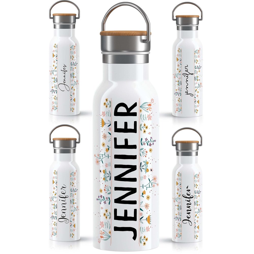 OWLBOOK Personalized Stainless Steel Water Bottle, 600 ml, Leakproof, Dishwasher-Safe, Floral Meadow 1