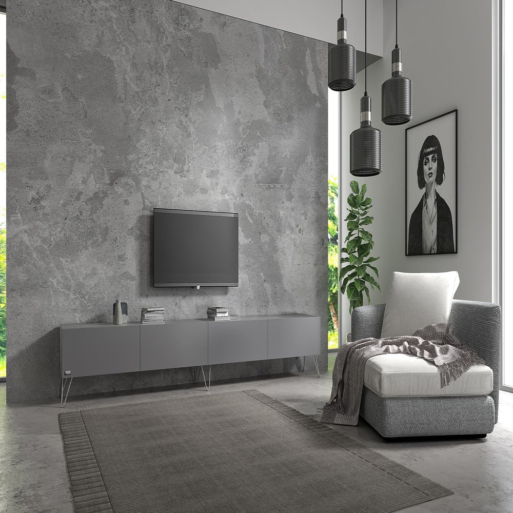 Wuun Somero TV Stand Lowboard, 280 cm (2 x 140 cm), Platinum Gray/Chrome Hairpin Legs