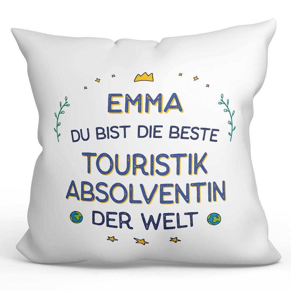 Mugffins Personalized Pillow with Insert and Saying for a Female Tourism Graduate – “Best in the World” – 40 x 40 cm – Customizable Employee Gift