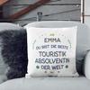 Mugffins Personalized Pillow with Insert and Saying for a Female Tourism Graduate – “Best in the World” – 40 x 40 cm – Customizable Employee Gift view 2