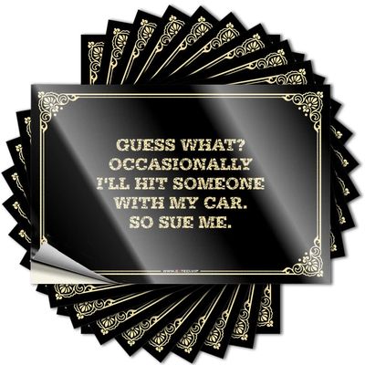 Funny “Guess What” Bumper Sticker: Occasionally Hit Someone with My Car. So Sue Me. (8 × 12 cm)