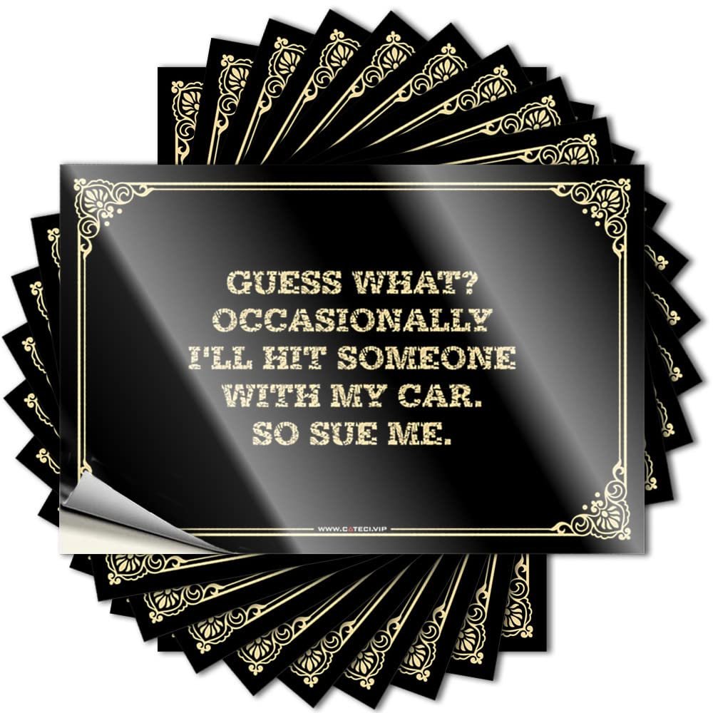 Funny “Guess What” Bumper Sticker: Occasionally Hit Someone with My Car. So Sue Me. (8 × 12 cm)