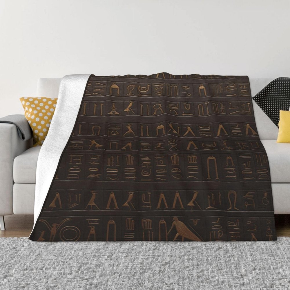 Kururi Throw Blanket with Ancient Egyptian Hieroglyph Print, Lightweight Fleece, 127 x 101 cm