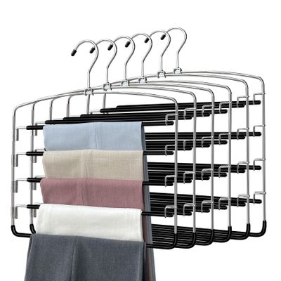 Pants Hangers, 6-Pack, 5-Tier Closet Organizer, Space-Saving with Swing Arms