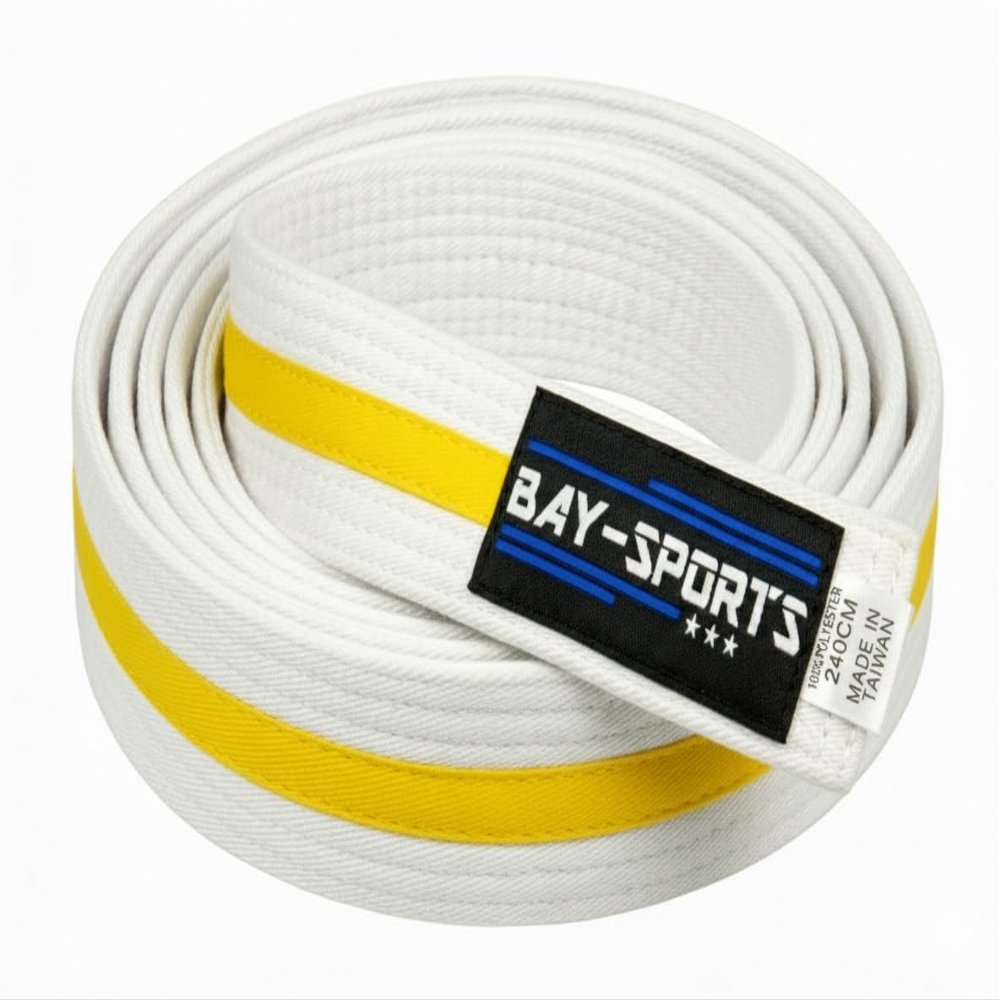 BAY Sports Budo Belt, Martial Arts Competition Belt, White/Yellow/White with Center Stripe, 300 cm