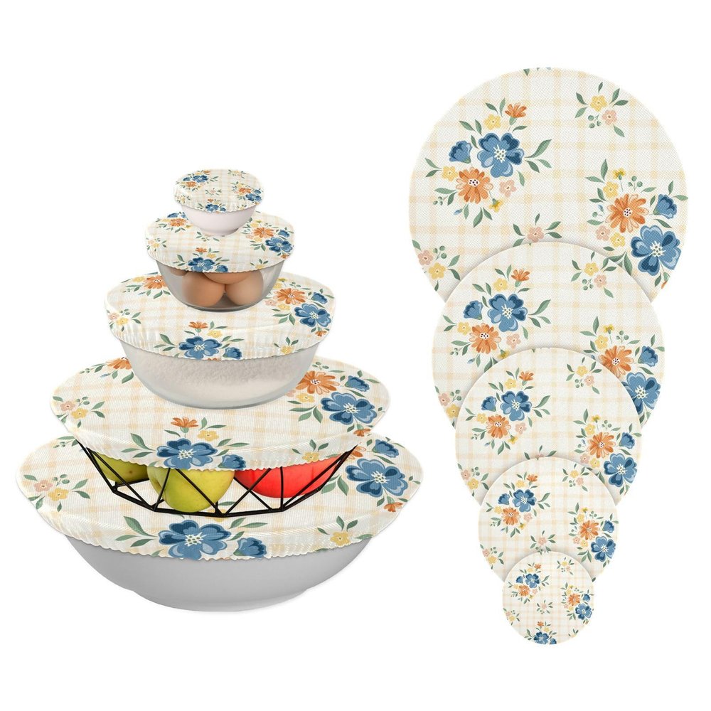 Wildflower Gingham Elastic Bowl Covers, Reusable Food Covers, Set of 5