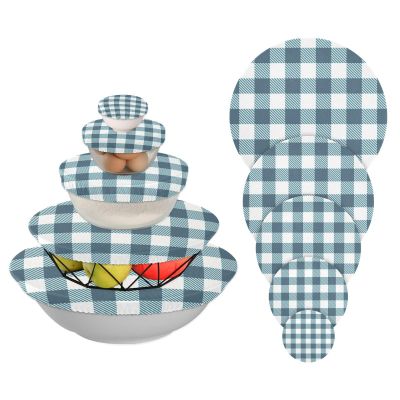 Blue Buffalo Plaid Stretch Bowl Covers, Reusable Food Storage Covers, Set of 5 Sizes