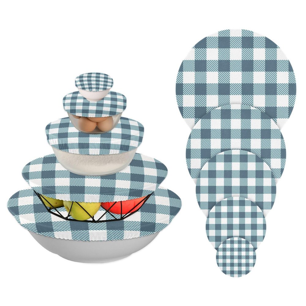 Blue Buffalo Plaid Stretch Bowl Covers, Reusable Food Storage Covers, Set of 5 Sizes