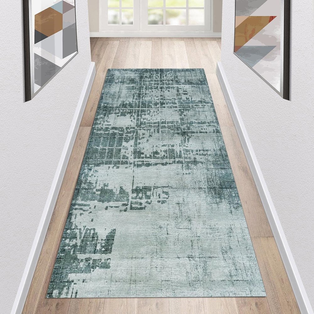 Siunwdiy Abstract Light Blue Runner Rug, Non-Slip Kitchen Hallway Carpet, 140 x 120 cm