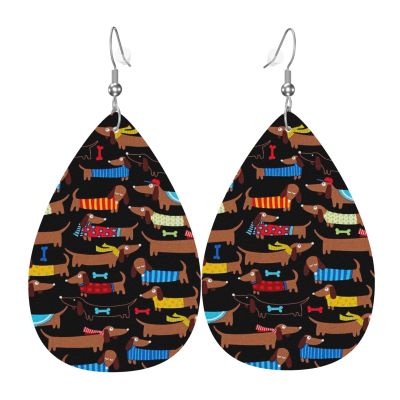 OPSREY I Love My Dog Dachshund Printed Faux Leather Drop Earrings