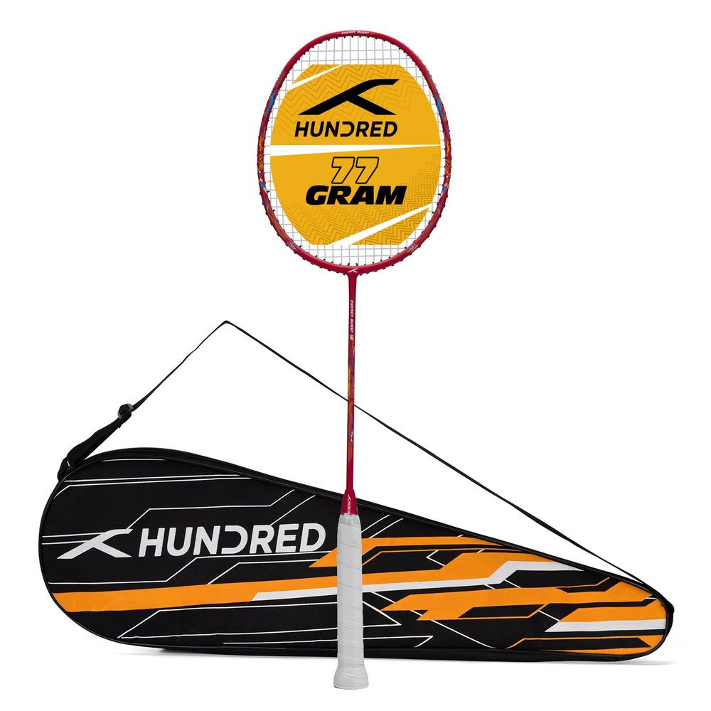Hundred Energy Burst Badminton Racket with 18 Strings and Full Cover, Red, 77 g