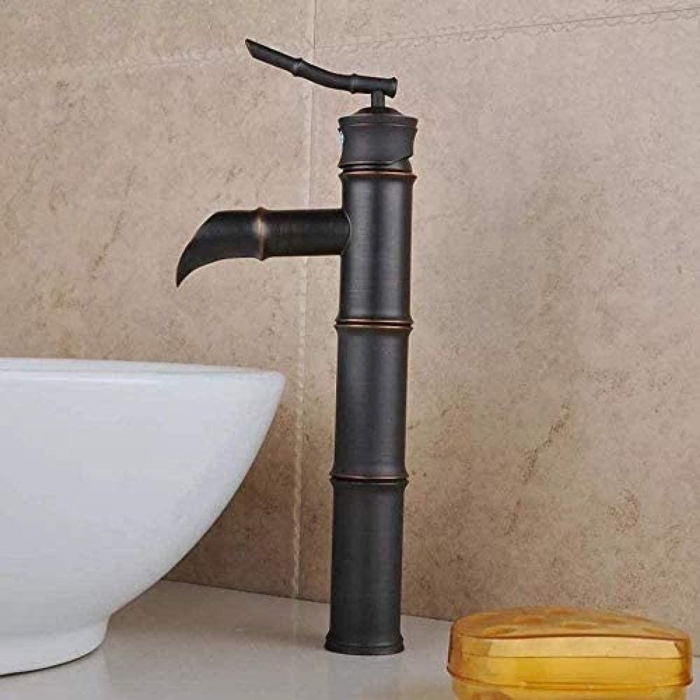 Single-Hole Faucet, Retro Black Vertical Bronze Bamboo Bathroom Sink Faucet
