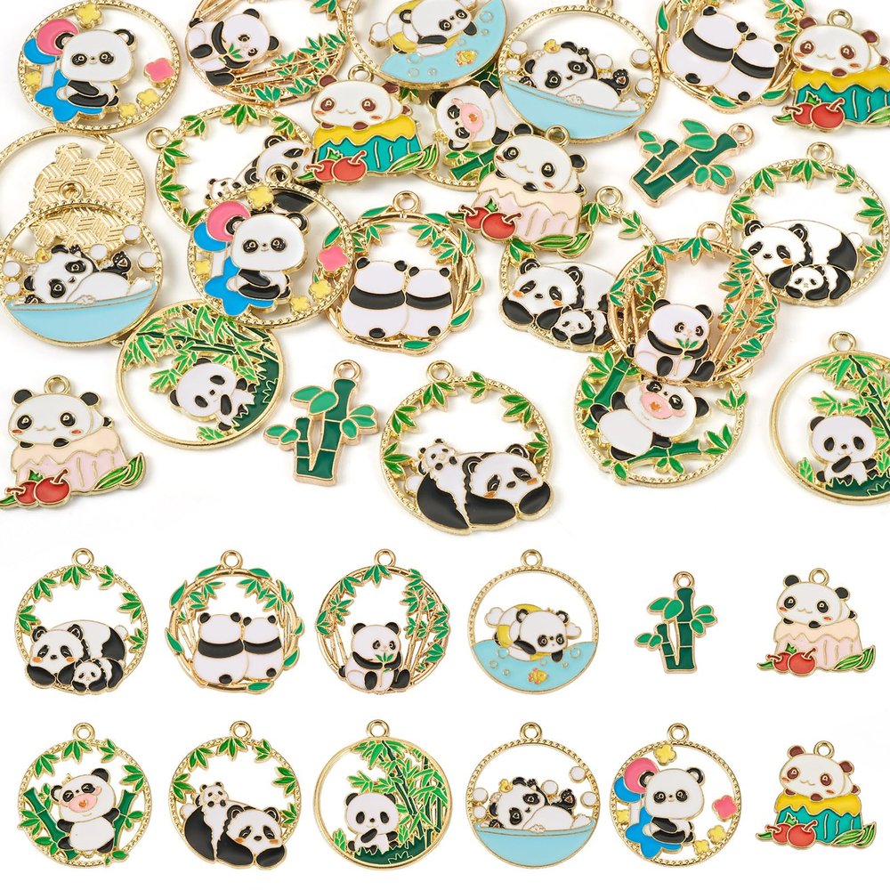 Spritewelry 24-Piece Enamel Panda Charms, Bamboo Crown Panda Pendants, Cute Cartoon Animal Dangles for Earring, Bracelet, Necklace and Keychain Making