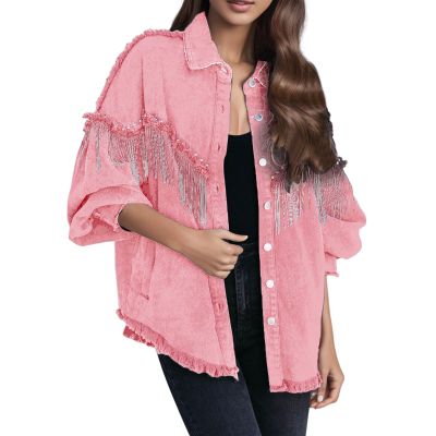 Women's Vintage Denim Jacket with Studs and Fringe